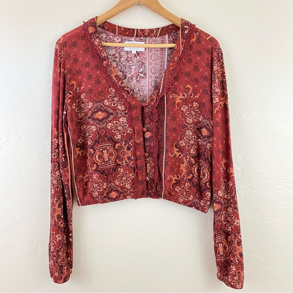 Kendall + Kylie Large Red Tan Floral Paisley Button Down Lace Full Sleeve Blouse